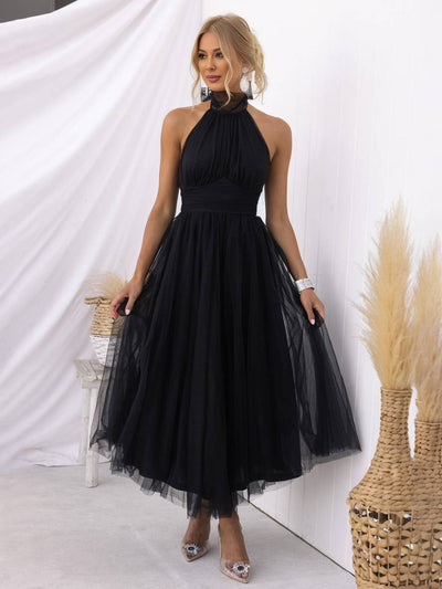 Cocolii longue robe trapèze licou découpes tutu en tulle noeud papillon sans manches femme doux élégant de soirée bal de promo