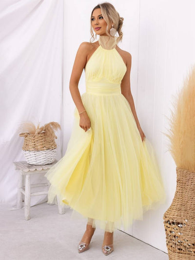 Cocolii longue robe trapèze licou découpes tutu en tulle noeud papillon sans manches femme doux élégant de soirée bal de promo