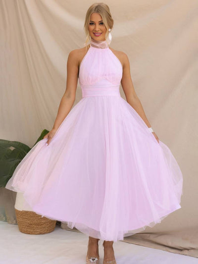 Cocolii longue robe trapèze licou découpes tutu en tulle noeud papillon sans manches femme doux élégant de soirée bal de promo