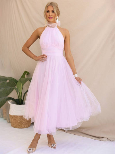 Cocolii longue robe trapèze licou découpes tutu en tulle noeud papillon sans manches femme doux élégant de soirée bal de promo