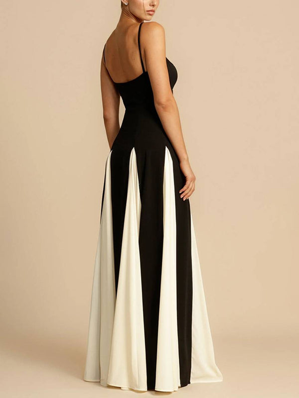 Cocolii robe longue blanc noir couleur bloc v-cou plissé à fines