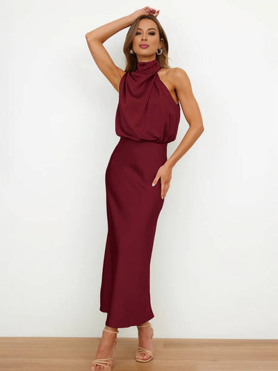 Cocolii longue robe demoiselle d'honneur en satin irrégulière col roulé licou sans manches femme élégant de soirée pour mariage
