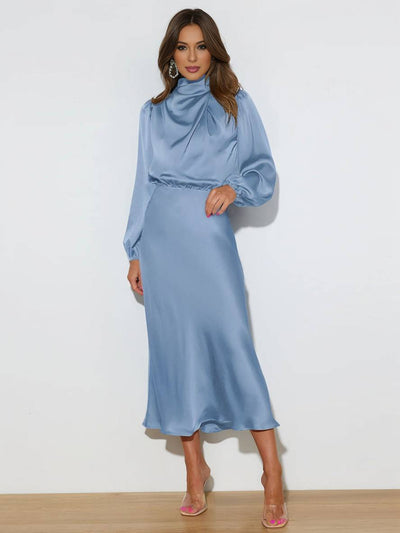 Cocolii robe longue en satin col roulé manches longues femme élégant invité mariage de fete de soirée cérémonie