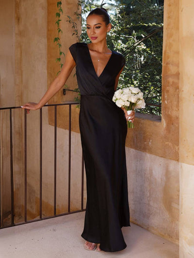 Cocolii robe en satin robe demoiselle d'honneur moulante sirene v-cou mancherons femme élégant de soirée pour mariage