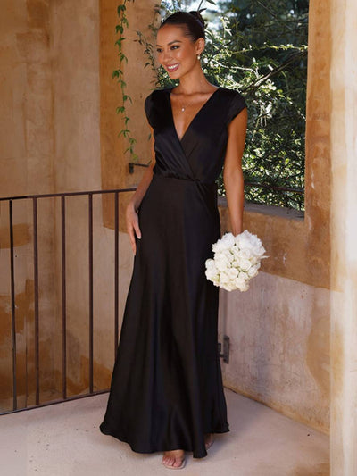 Cocolii robe en satin robe demoiselle d'honneur moulante sirene v-cou mancherons femme élégant de soirée pour mariage
