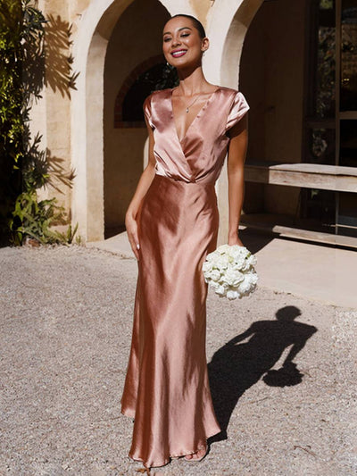 Cocolii robe en satin robe demoiselle d'honneur moulante sirene v-cou mancherons femme élégant de soirée pour mariage
