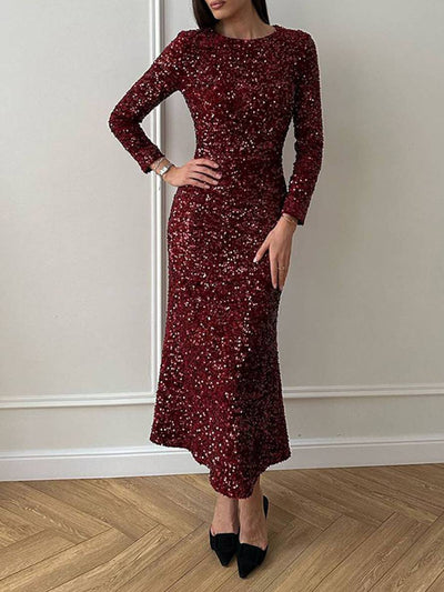 Cocolii robe longue moulante velours brillante paillette col rond manches longues femme élégant de soirée de cocktail