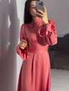 Cocolii robe longue en satin col roulé à volantée manches bouffantes femme doux élégant de soirée anniversaire cérémonie