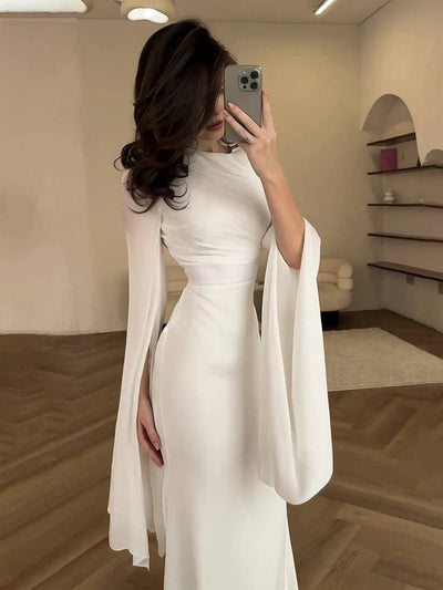 Cocolii robe longue en satin moulante col rond manches fendues manche longue femme élégant de soirée bal de promo ceremonie