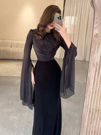 Cocolii robe longue en satin moulante col rond manches fendues manche longue femme élégant de soirée bal de promo ceremonie