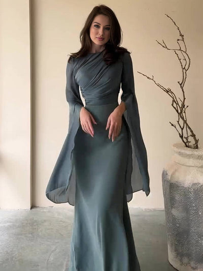 Cocolii robe longue en satin moulante col rond manches fendues manche longue femme élégant de soirée bal de promo ceremonie