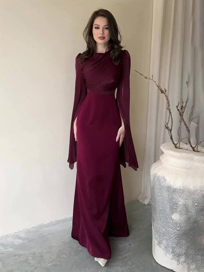 Cocolii robe longue en satin moulante col rond manches fendues manche longue femme élégant de soirée bal de promo ceremonie