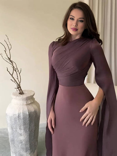 Cocolii robe longue en satin moulante col rond manches fendues manche longue femme élégant de soirée bal de promo ceremonie