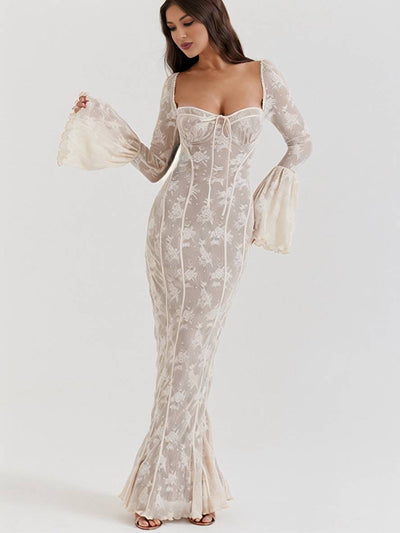Cocolii robe longue en dentelle moulante bustier dos nu col carré manches évasées sirene femme élégant bal de promo