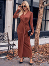 Cocolii robe longue moulante nœud v-cou manches longues femme élégant décontracté casual de soirée bal de promo