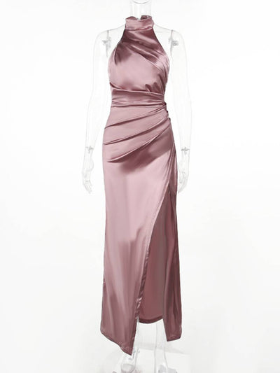 Cocolii longue robe en satin fendu le côté dos nu col montant licou sans manches femme élégant de soirée bal de promo