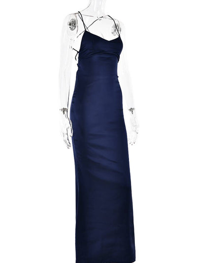 Cocolii robe longue en satin moulante v-cou sirene dos nu à fines brides sans manches femme élégant invité mariage de soirée