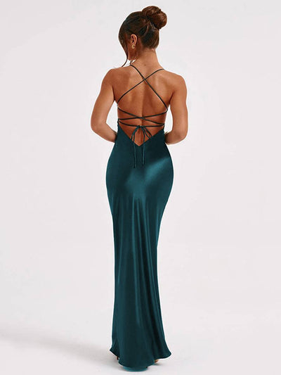Cocolii robe longue en satin moulante v-cou sirene dos nu à fines brides sans manches femme élégant invité mariage de soirée
