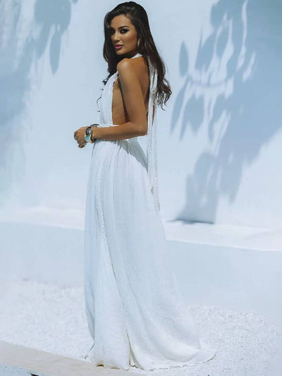 Cocolii robe longue décolleté plongeant licou dos nu ceinture sans manches femme bohème élégant décontracté de plage