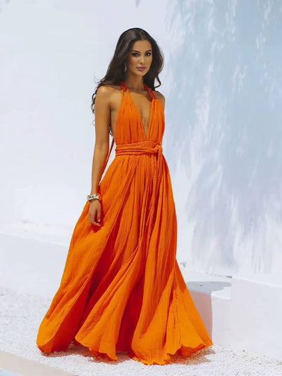 Cocolii robe longue décolleté plongeant licou dos nu ceinture sans manches femme bohème élégant décontracté de plage