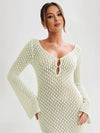 Cocolii longue robe en tricot en crochet col en v manches évasées manches longues femme décontracté pour les vacances et la plage