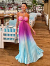 Cocolii robe longue couleur dégradé plissé licou sans manches femme décontracté de soirée plage robe de vacances d'été