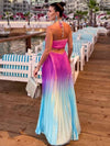 Cocolii robe longue couleur dégradé plissé licou sans manches femme décontracté de soirée plage robe de vacances d'été