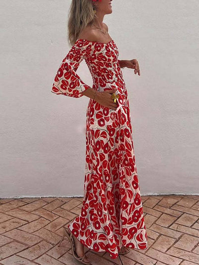 Cocolii robe longue imprimé à fleurie manches évasées manches au coude femme élégant décontracté hawaienne casual de plage
