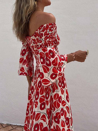 Cocolii robe longue imprimé à fleurie manches évasées manches au coude femme élégant décontracté hawaienne casual de plage