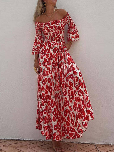 Cocolii robe longue imprimé à fleurie manches évasées manches au coude femme élégant décontracté hawaienne casual de plage