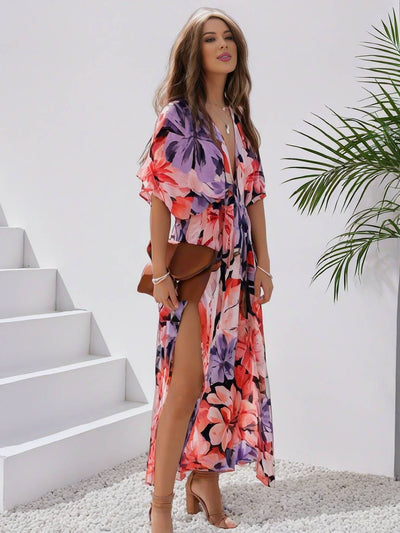 Cocolii longue robe bohème imprimé à fleurie v-cou fendu manches au coude femme boho décontracté ample hawaienne robe de plage