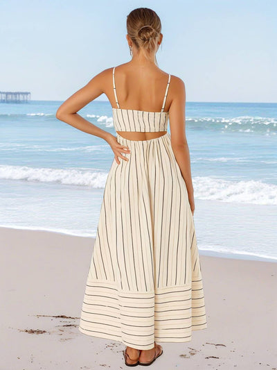 Cocolii robe longue rayé à fines brides fluide dos nu sans manches casual doux ample décontracté femme robe de plage