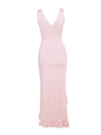 Cocolii robe longue moulante v-cou bretelle fendu à volantée sans manches femme doux élégant de soirée cérémonie robe de plage