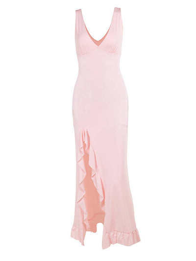 Cocolii robe longue moulante v-cou bretelle fendu à volantée sans manches femme doux élégant de soirée cérémonie robe de plage