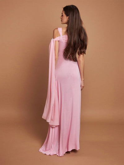 Cocolii longue robe rose pâle tulle bretelle col carré sans manches élégant femme pour une cérémonie ou une soirée romantique