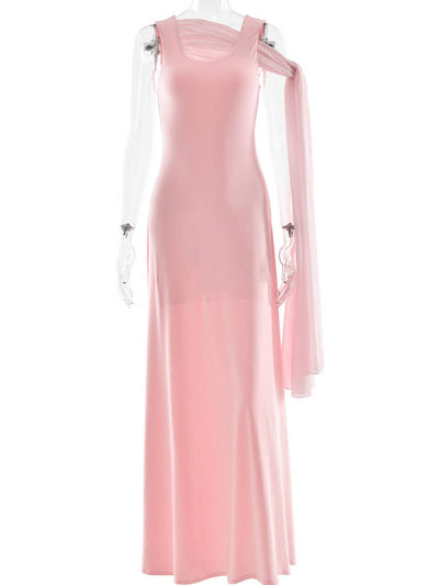 Cocolii longue robe rose pâle tulle bretelle col carré sans manches élégant femme pour une cérémonie ou une soirée romantique