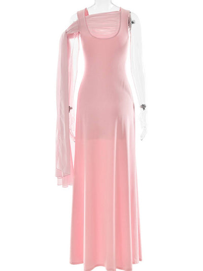 Cocolii longue robe rose pâle tulle bretelle col carré sans manches élégant femme pour une cérémonie ou une soirée romantique