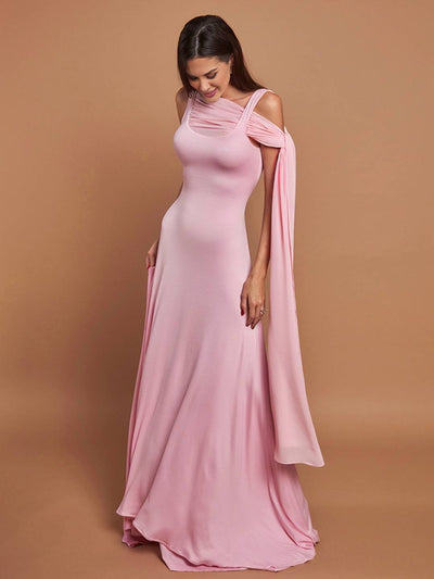 Cocolii longue robe rose pâle tulle bretelle col carré sans manches élégant femme pour une cérémonie ou une soirée romantique