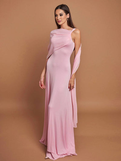 Cocolii longue robe rose pâle tulle bretelle col carré sans manches élégant femme pour une cérémonie ou une soirée romantique