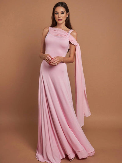 Cocolii longue robe rose pâle tulle bretelle col carré sans manches élégant femme pour une cérémonie ou une soirée romantique