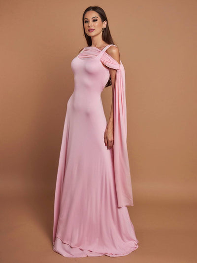 Cocolii longue robe rose pâle tulle bretelle col carré sans manches élégant femme pour une cérémonie ou une soirée romantique