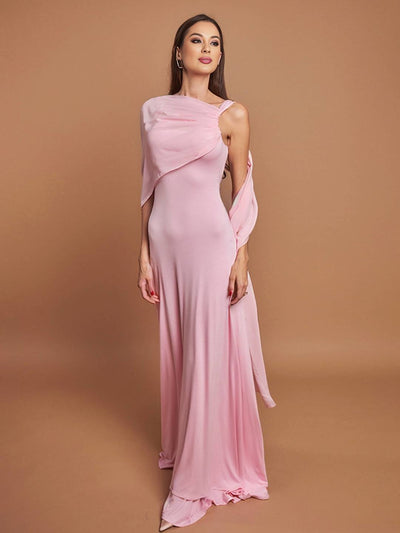 Cocolii longue robe rose pâle tulle bretelle col carré sans manches élégant femme pour une cérémonie ou une soirée romantique