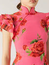 Cocolii robe longue moulante fleurie boutons col mao volants superposés sans manches élégant vintage de soirée
