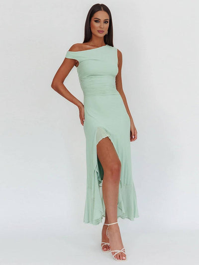 Cocolii robe longue moulante tulle une épaule fendu le côté à volantée sans manches femme élégant de soirée bal de promo