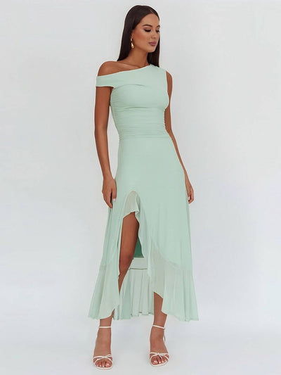 Cocolii robe longue moulante tulle une épaule fendu le côté à volantée sans manches femme élégant de soirée bal de promo
