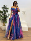 Cocolii splendide longue robe en tulle imprimé à fleurie col bateau fendu le côté sans manches femme élégant vintage de soirée