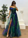 Cocolii splendide longue robe en tulle imprimé à fleurie col bateau fendu le côté sans manches femme élégant vintage de soirée