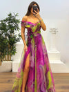 Cocolii splendide longue robe en tulle imprimé à fleurie col bateau fendu le côté sans manches femme élégant vintage de soirée