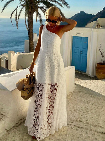 Cocolii robe longue dentelle broderie anglaise une épaule fendu le côté sans manches femme bohème décontracté de plage