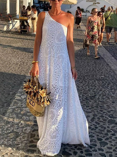 Cocolii robe longue dentelle broderie anglaise une épaule fendu le côté sans manches femme bohème décontracté de plage